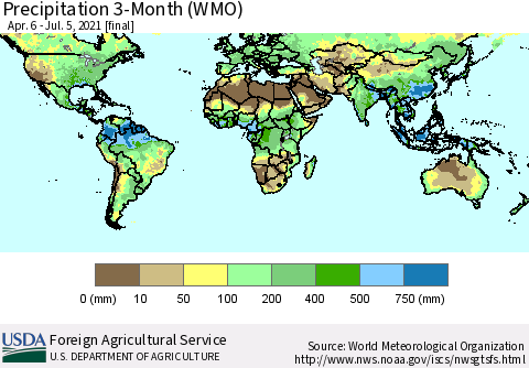 World Precipitation 3-Month (WMO) Thematic Map For 4/6/2021 - 7/5/2021