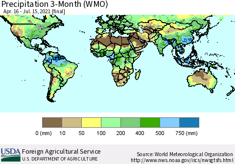 World Precipitation 3-Month (WMO) Thematic Map For 4/16/2021 - 7/15/2021