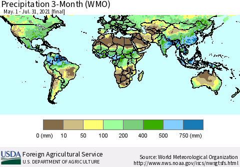 World Precipitation 3-Month (WMO) Thematic Map For 5/1/2021 - 7/31/2021