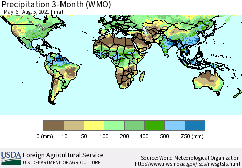 World Precipitation 3-Month (WMO) Thematic Map For 5/6/2021 - 8/5/2021