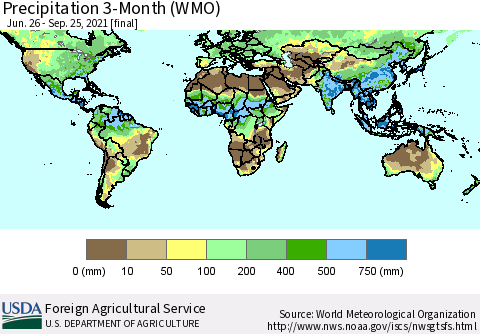 World Precipitation 3-Month (WMO) Thematic Map For 6/26/2021 - 9/25/2021