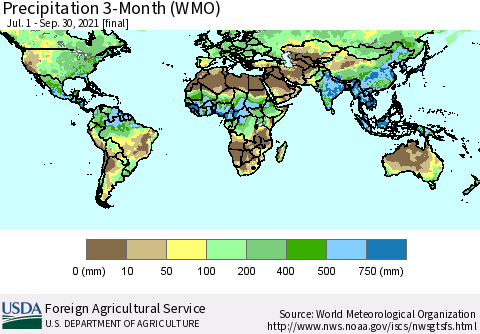 World Precipitation 3-Month (WMO) Thematic Map For 7/1/2021 - 9/30/2021