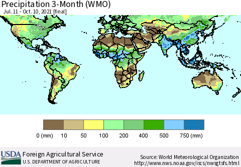 World Precipitation 3-Month (WMO) Thematic Map For 7/11/2021 - 10/10/2021