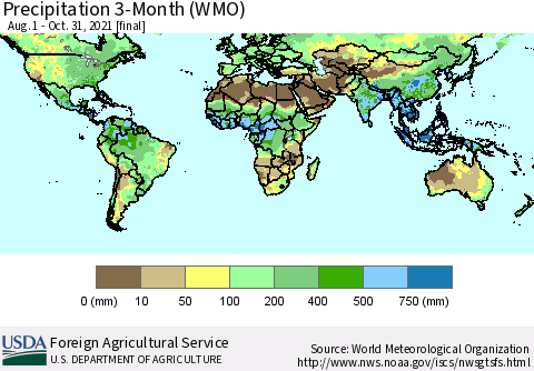 World Precipitation 3-Month (WMO) Thematic Map For 8/1/2021 - 10/31/2021