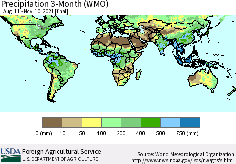 World Precipitation 3-Month (WMO) Thematic Map For 8/11/2021 - 11/10/2021