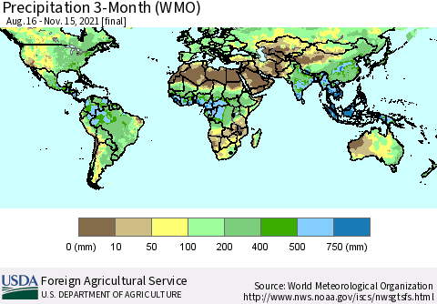 World Precipitation 3-Month (WMO) Thematic Map For 8/16/2021 - 11/15/2021