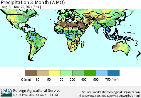 World Precipitation 3-Month (WMO) Thematic Map For 8/21/2021 - 11/20/2021