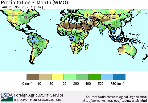 World Precipitation 3-Month (WMO) Thematic Map For 8/26/2021 - 11/25/2021
