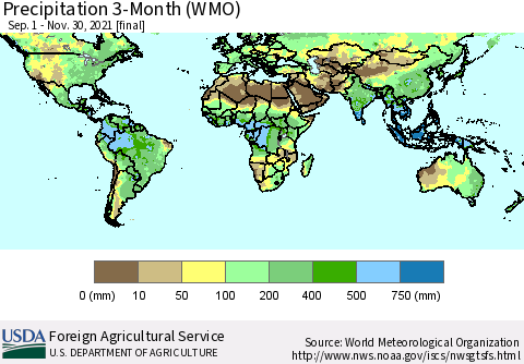 World Precipitation 3-Month (WMO) Thematic Map For 9/1/2021 - 11/30/2021
