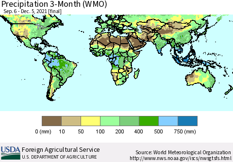 World Precipitation 3-Month (WMO) Thematic Map For 9/6/2021 - 12/5/2021
