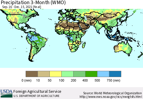 World Precipitation 3-Month (WMO) Thematic Map For 9/16/2021 - 12/15/2021
