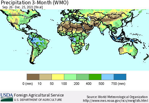 World Precipitation 3-Month (WMO) Thematic Map For 9/26/2021 - 12/25/2021