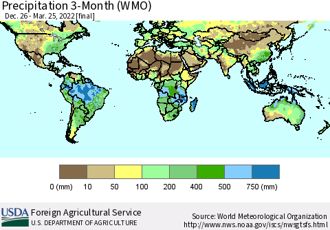 World Precipitation 3-Month (WMO) Thematic Map For 12/26/2021 - 3/25/2022