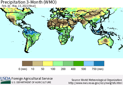 World Precipitation 3-Month (WMO) Thematic Map For 2/16/2022 - 5/15/2022
