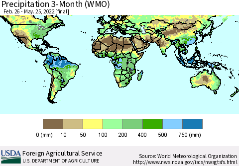 World Precipitation 3-Month (WMO) Thematic Map For 2/26/2022 - 5/25/2022
