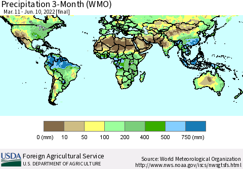 World Precipitation 3-Month (WMO) Thematic Map For 3/11/2022 - 6/10/2022