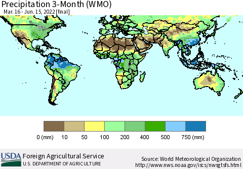 World Precipitation 3-Month (WMO) Thematic Map For 3/16/2022 - 6/15/2022