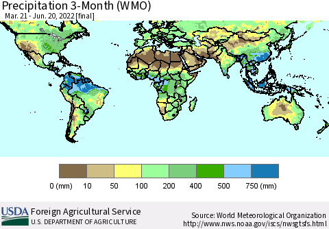 World Precipitation 3-Month (WMO) Thematic Map For 3/21/2022 - 6/20/2022