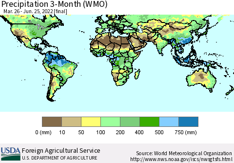 World Precipitation 3-Month (WMO) Thematic Map For 3/26/2022 - 6/25/2022