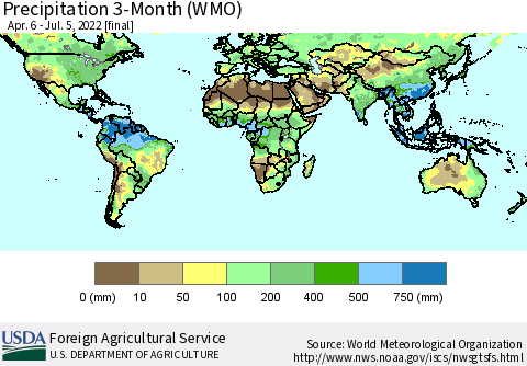 World Precipitation 3-Month (WMO) Thematic Map For 4/6/2022 - 7/5/2022