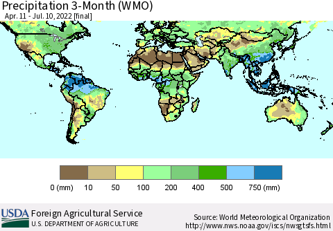 World Precipitation 3-Month (WMO) Thematic Map For 4/11/2022 - 7/10/2022