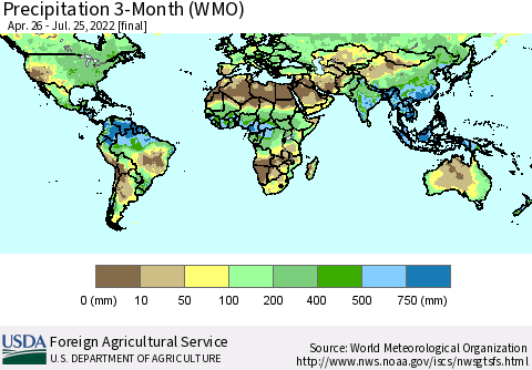 World Precipitation 3-Month (WMO) Thematic Map For 4/26/2022 - 7/25/2022