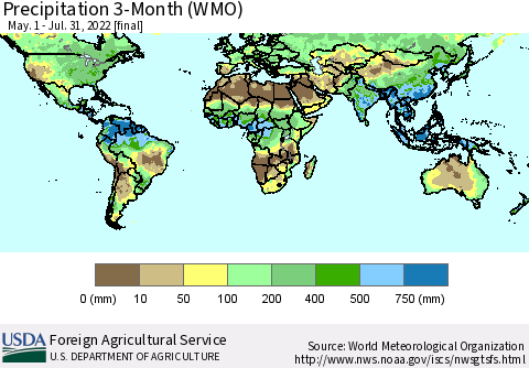 World Precipitation 3-Month (WMO) Thematic Map For 5/1/2022 - 7/31/2022