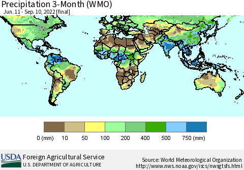 World Precipitation 3-Month (WMO) Thematic Map For 6/11/2022 - 9/10/2022