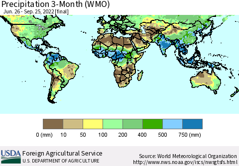 World Precipitation 3-Month (WMO) Thematic Map For 6/26/2022 - 9/25/2022