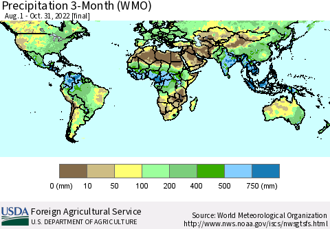 World Precipitation 3-Month (WMO) Thematic Map For 8/1/2022 - 10/31/2022