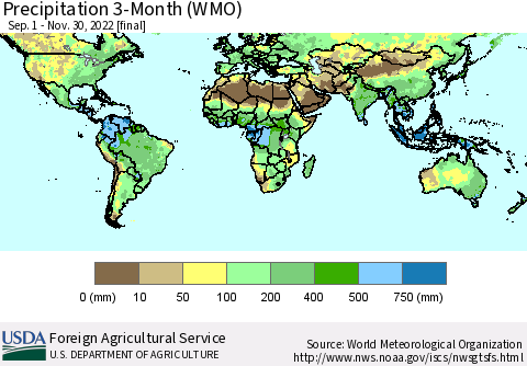 World Precipitation 3-Month (WMO) Thematic Map For 9/1/2022 - 11/30/2022