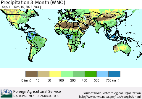 World Precipitation 3-Month (WMO) Thematic Map For 9/11/2022 - 12/10/2022