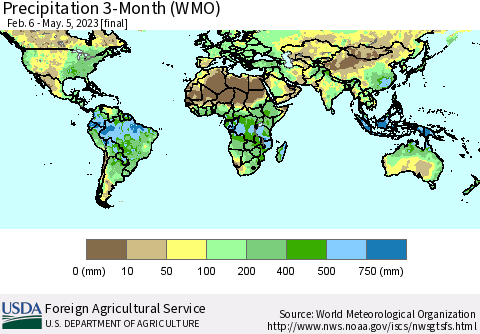 World Precipitation 3-Month (WMO) Thematic Map For 2/6/2023 - 5/5/2023