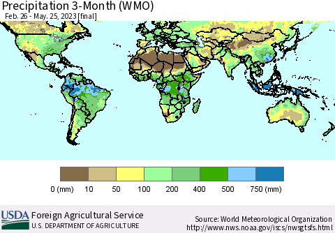 World Precipitation 3-Month (WMO) Thematic Map For 2/26/2023 - 5/25/2023