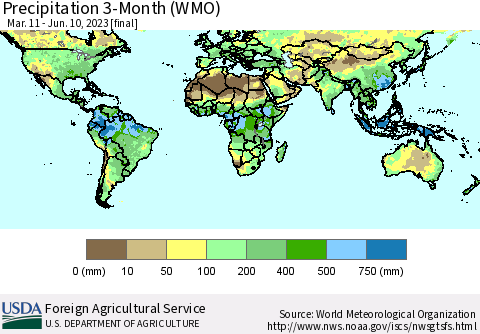 World Precipitation 3-Month (WMO) Thematic Map For 3/11/2023 - 6/10/2023