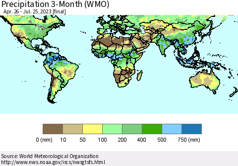 World Precipitation 3-Month (WMO) Thematic Map For 4/26/2023 - 7/25/2023