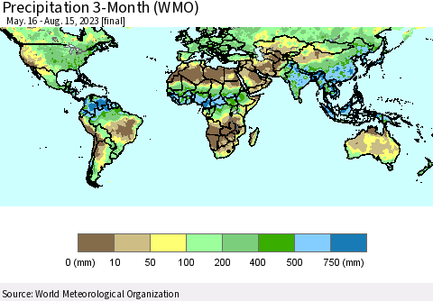 World Precipitation 3-Month (WMO) Thematic Map For 5/16/2023 - 8/15/2023