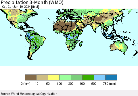 World Precipitation 3-Month (WMO) Thematic Map For 10/11/2023 - 1/10/2024