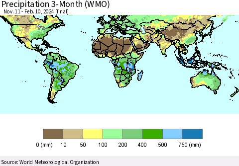 World Precipitation 3-Month (WMO) Thematic Map For 11/11/2023 - 2/10/2024