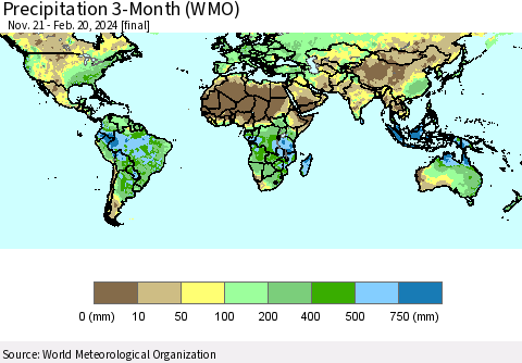 World Precipitation 3-Month (WMO) Thematic Map For 11/21/2023 - 2/20/2024