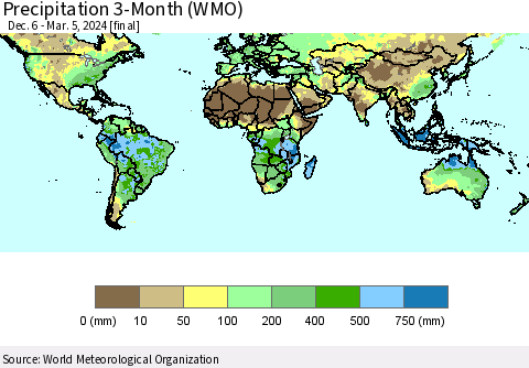 World Precipitation 3-Month (WMO) Thematic Map For 12/6/2023 - 3/5/2024