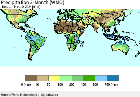 World Precipitation 3-Month (WMO) Thematic Map For 12/11/2023 - 3/10/2024