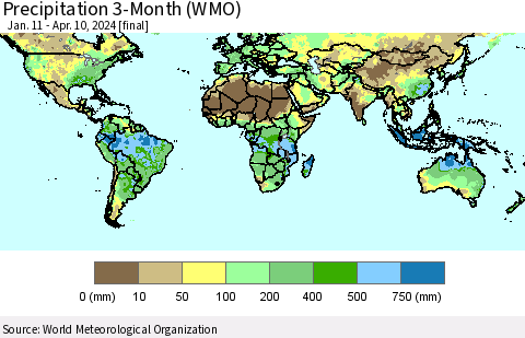 World Precipitation 3-Month (WMO) Thematic Map For 1/11/2024 - 4/10/2024