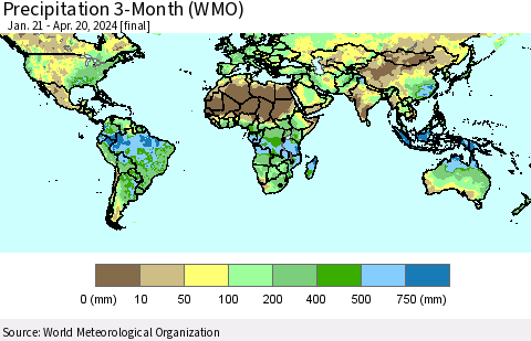 World Precipitation 3-Month (WMO) Thematic Map For 1/21/2024 - 4/20/2024