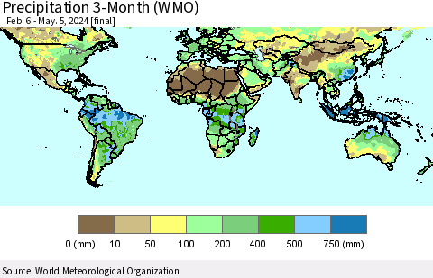 World Precipitation 3-Month (WMO) Thematic Map For 2/6/2024 - 5/5/2024