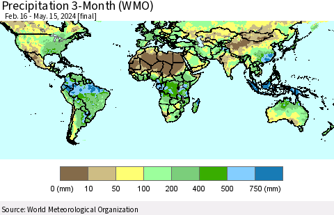 World Precipitation 3-Month (WMO) Thematic Map For 2/16/2024 - 5/15/2024