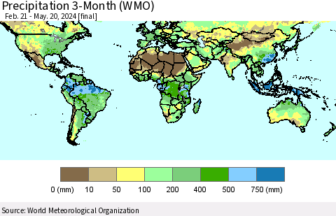 World Precipitation 3-Month (WMO) Thematic Map For 2/21/2024 - 5/20/2024