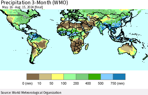 World Precipitation 3-Month (WMO) Thematic Map For 5/16/2024 - 8/15/2024