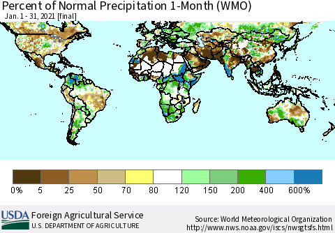 World Percent of Normal Precipitation 1-Month (WMO) Thematic Map For 1/1/2021 - 1/31/2021
