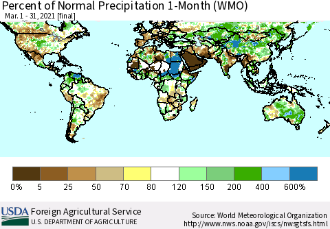World Percent of Normal Precipitation 1-Month (WMO) Thematic Map For 3/1/2021 - 3/31/2021